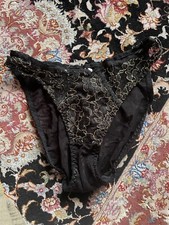 Vintage LILY OF FRANCE Black Chantilly Lace Nylon Hi-Cut Bikini PANTY SIZE S