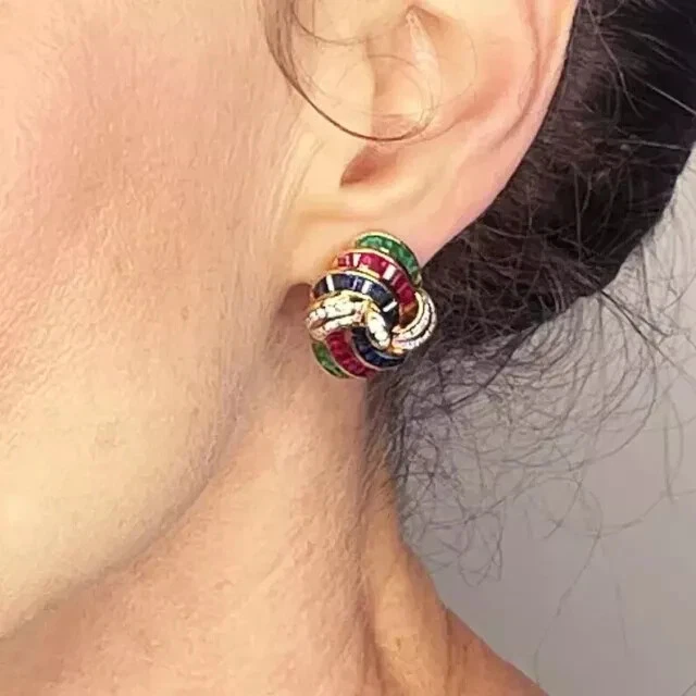 3Ct Princess Lab Created Ruby Emerald Sapphire Earrings 14K Yellow Gold Plated - Image 3 of 4