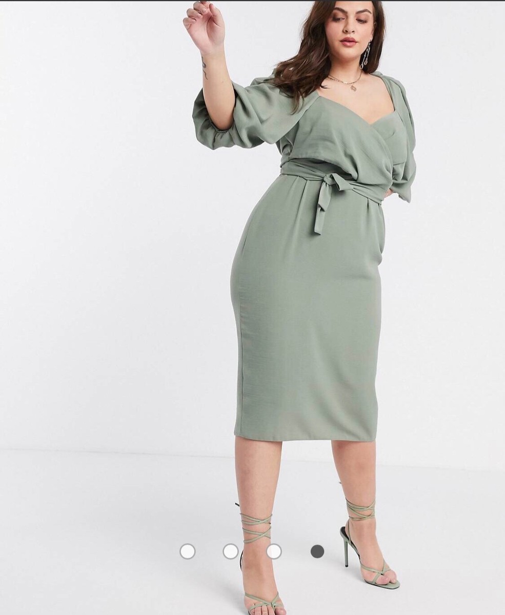 asos curve wrap front midi dress puff sleeves green khaki size 26