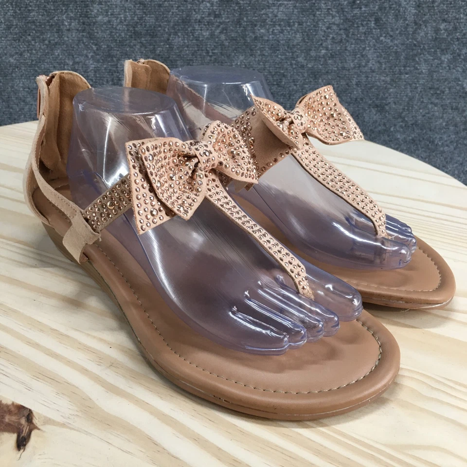 Torrid Sandals Womens 10.5 Wide T-Strap Beige Fabric Studded Buckle Wedge Heels - Image 3 of 4