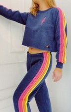 2ps Set Aviator Nation 5 STRIPE BOLD Sweatpants CROPPED CREW SWEATSHIRT Sz S ba