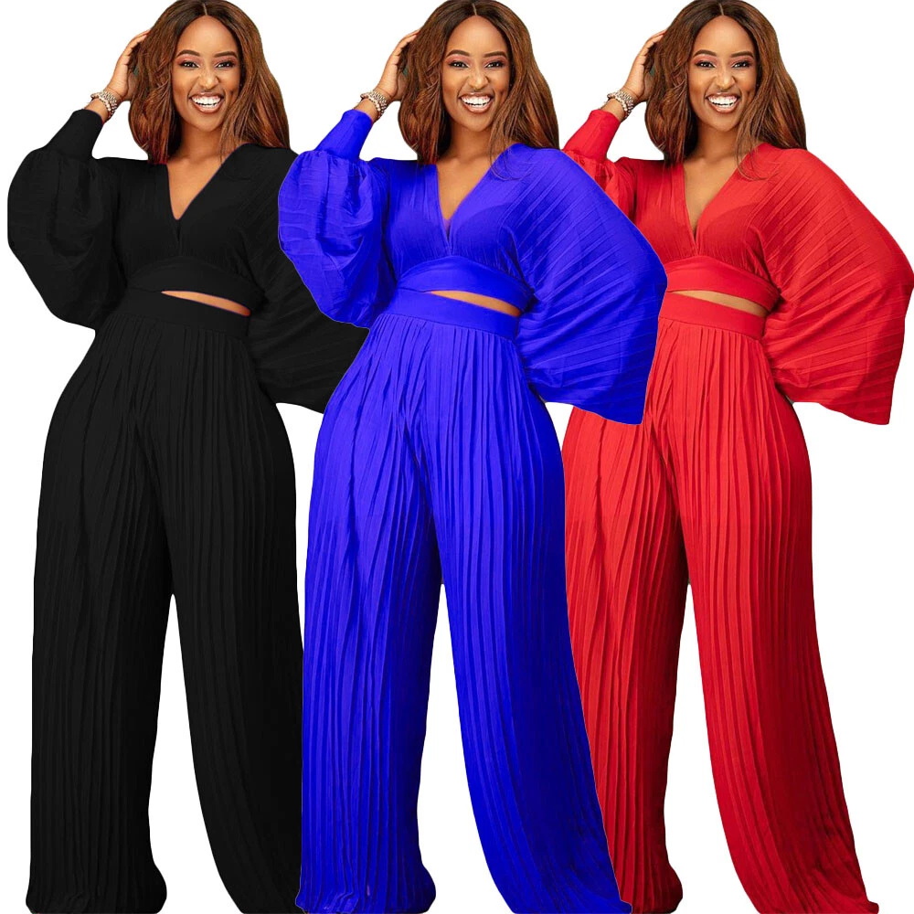 African Women V-Neck Top Wide Leg Pants Set Evening Party Outfits Plus Size  Prom