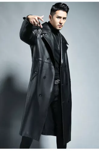 Autumn Men Long Black Pu Leather Spring Trench Coat Double Breasted Outerwear - Picture 8 of 12