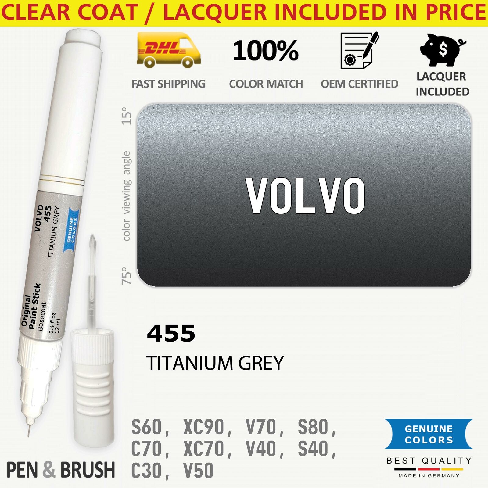 455 Touch Up Paint for Volvo Gray S60 XC90 V70 S80 C70 XC70 V40 S40 C30 V50 CROS