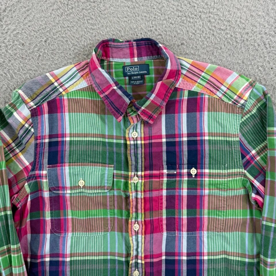 Camisa Polo Ralph Lauren Niños Grande 14/16 Multicolor Botón a Cuadros Informal Preppy Foto 4 de 4