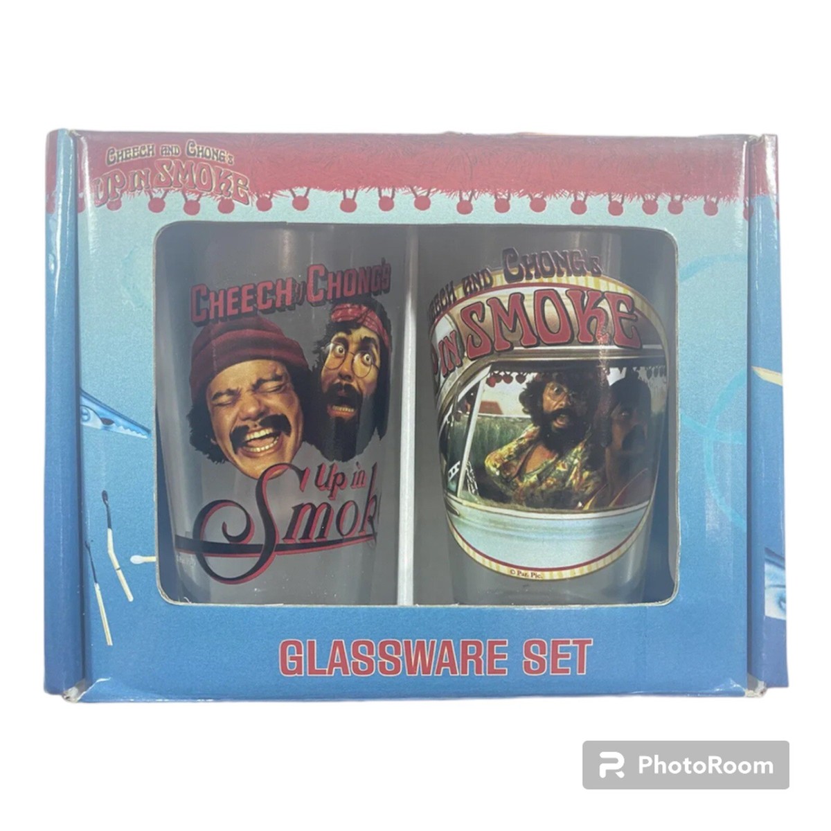 SET OF TWO CHEECH AND CHONG 420 “UP IN SMOKE” 18oz PINT GLASSES BEER BOXED  RARE