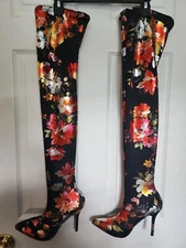 Mackin J Black Red Metallic Floral Stocking 4" High Heel Thigh High Boots US-8.5