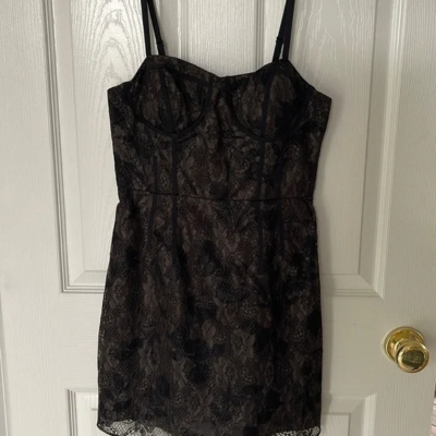black dress lace overlay Black Lace Overlay Split Maxi Dress Black / 6 main image 0