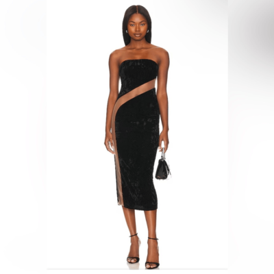 NBD Finna midi dress black nude sheer panel velvet strapless cocktail  Revolve | eBay