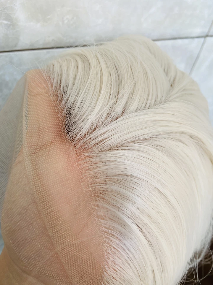 Perucas frontais de renda completa mistura de cabelo humano corpo longo ondulado loiro pálido calor OK - Imagem 2 de 4