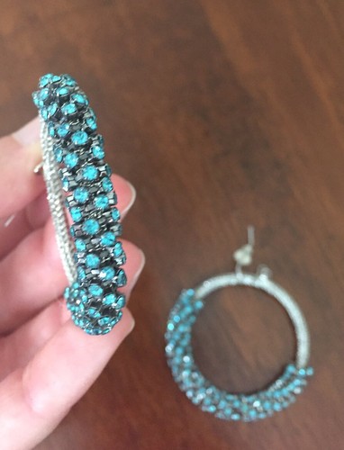 Silver Big Hoop Bling Earrings Turquoise Blue Crystals Women Fashion Earrings - Picture 3 of 3