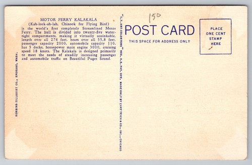 Postcard Motor Ferry Kalakala in Service Between Seattle & Bremerton Washington - Picture 2 of 2