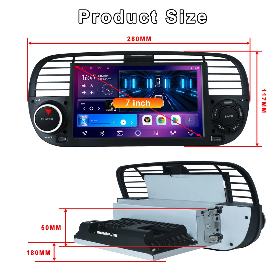 7" Per FIAT 500 2007-2015 Android 13 Per Apple Carplay Autoradio GPS Navi Stereo - Immagine 3 di 4