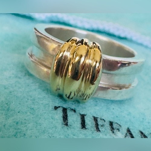Vintage TIFFANY & Co. Ring Grooved Sterling Silver With K18 Yellow Gold Size 6