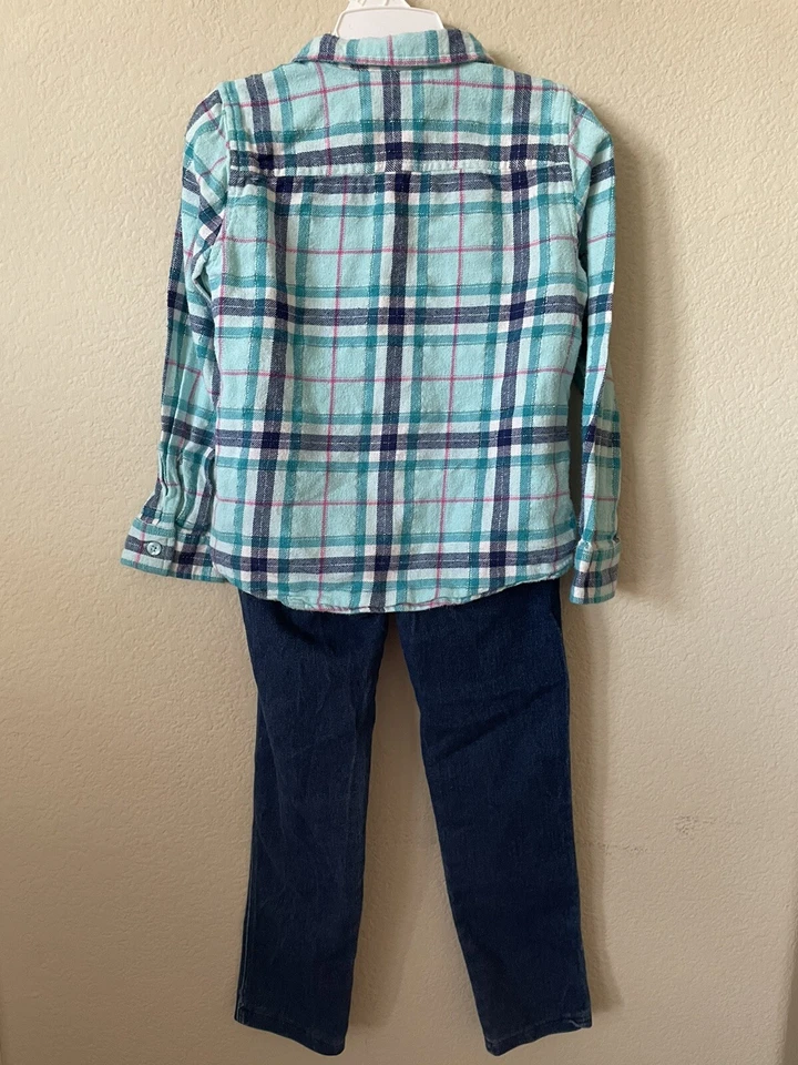 Lote de 2 Pantalones Top Con Botones Manga Larga Cuello Cuadros Niñas Tema Vaquera Talla 5 Foto 2 de 4