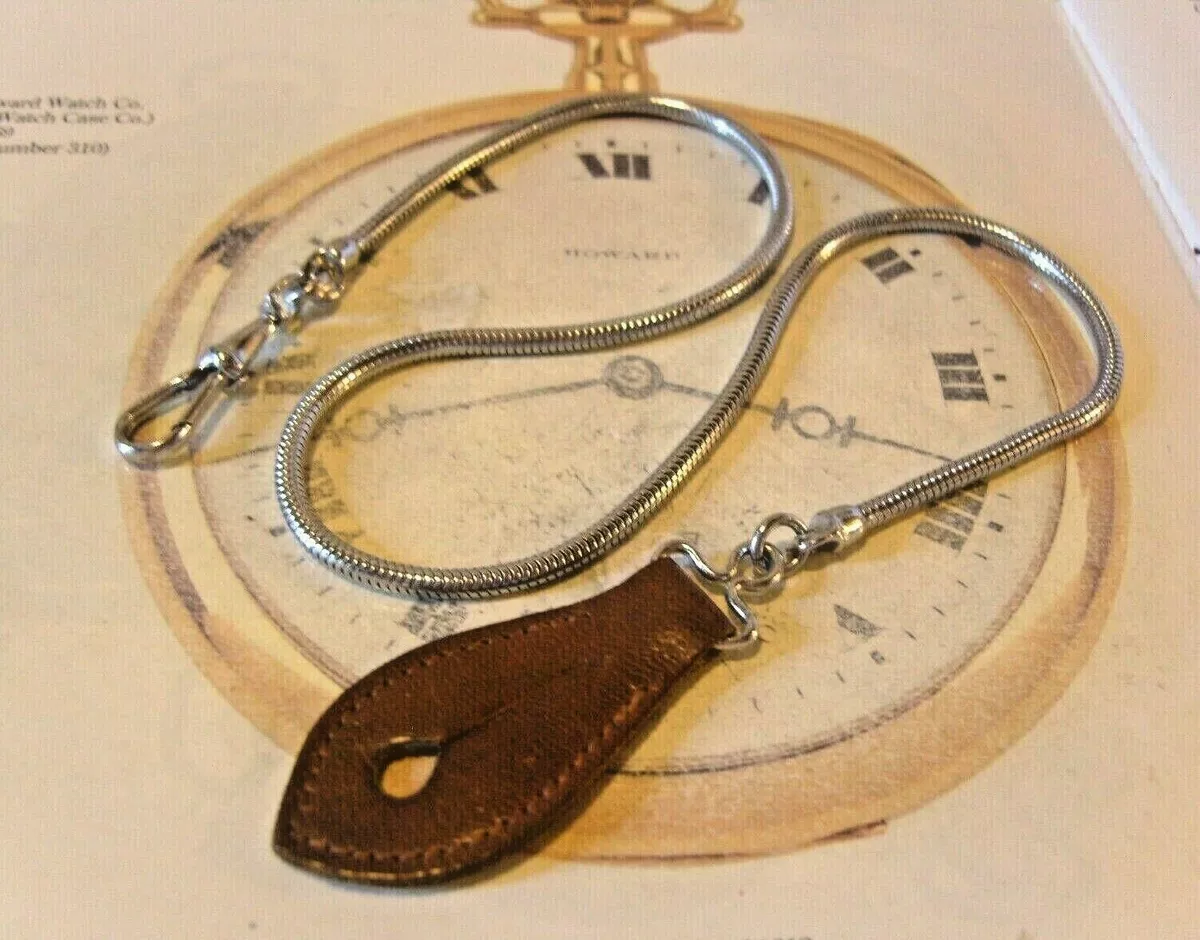 Pocket Watch Chain 1970s Vintage Chrome Snake Link Albert Leather Button Fob