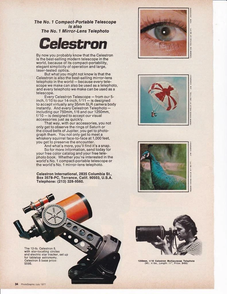 1977 Celestron 1250mm Lens Print-Ad / Celestron 5 Telescope