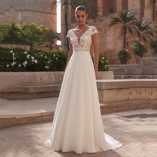 A-Line Lace Wedding Dress Brides Boho Women Cap Sleeve V-Neck Open Back