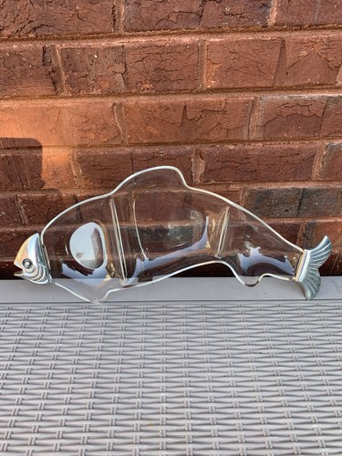 Vtg Acrylic Aluminum Fish Serving Platter Divided Appetizer Tray Dish 22”x7”