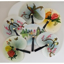 VINTAGE NEW 1970's Multicolor Travel Fans with Birds and Flowers Set of 6