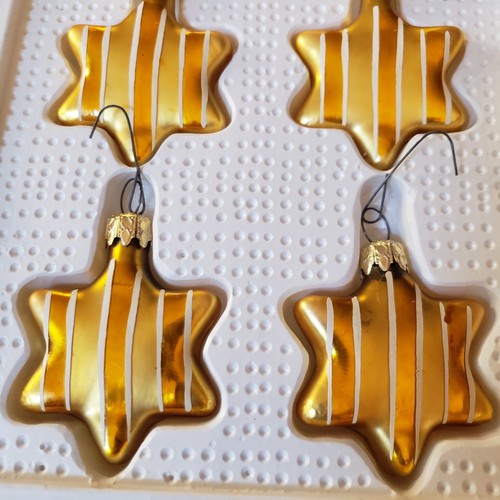 Vintage Sears Roebuck Christmas Tree Ornaments Striped Gold Glass Stars 4 Pack - Picture 9 of 16