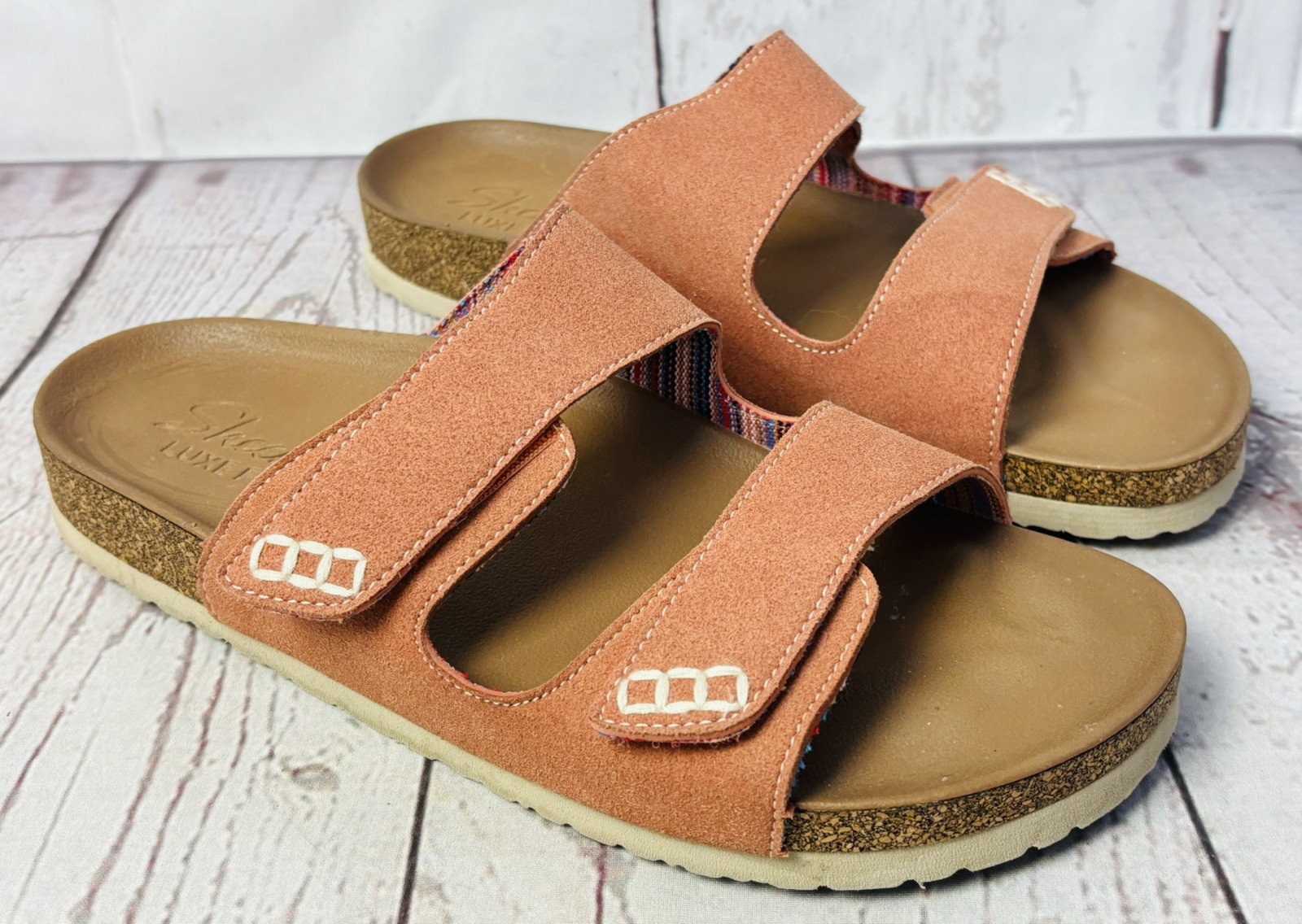 Women's Skechers Two Strap Sandals Peach Size 8 with Luxe Foam Soles