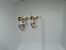 14K Yellow Gold Bow Heart Dangle Post Earrings w Heart shaped CZ Sparkly Cute