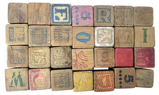 Vintage Wooden ABC Alphabet Numbers Toy Blocks 1-1/4" Pictures Words - Lot of 28