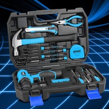 Caja de herramientas doméstica portátil azul taladro inalámbrico + brocas paquete de herramientas manuales de 27 piezas