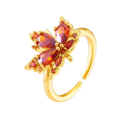 Damen Ring Gold Edelstahl Ahornblatt Rot Zirkon Verstellbar 18k vergoldeter Ring - Bild 1 von 4