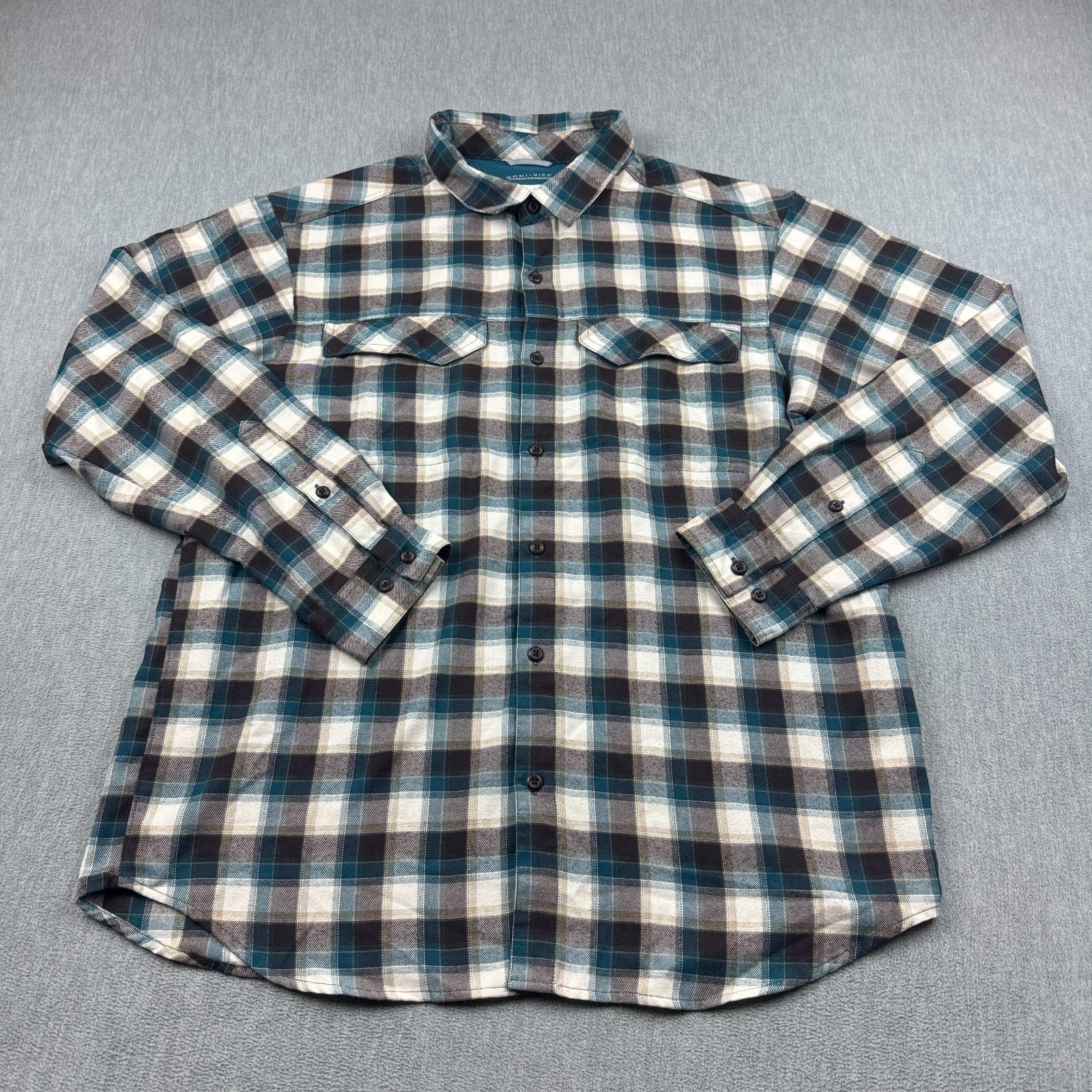 Columbia Shirt Mens Large Black Blue Plaid Flannel Silver Ri