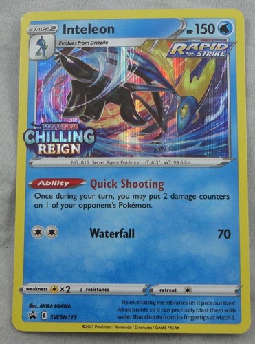 Inteleon SWSH113 Pokemon Sword & Shield Promo PreRelease Holo Rare Card NM
