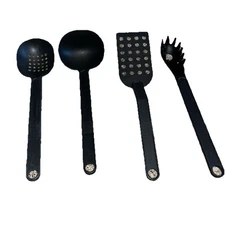 T-FAL 4pc Black Nylon Utensils Skimmer-Ladle-Spatula Turner-Pasta- Sturdy Solid
