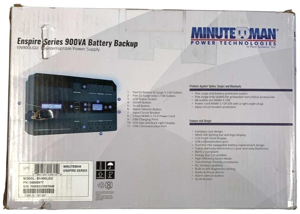 Minute Man EN900LGU Enspire Series 900VA Battery BCKUP (UPS) - Image 2 of 3