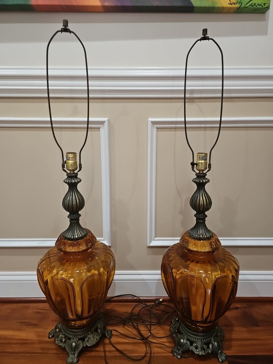 Rear find,  2 Vintage 1967 large Ambor Glass Hollywood  Regency table lamps 