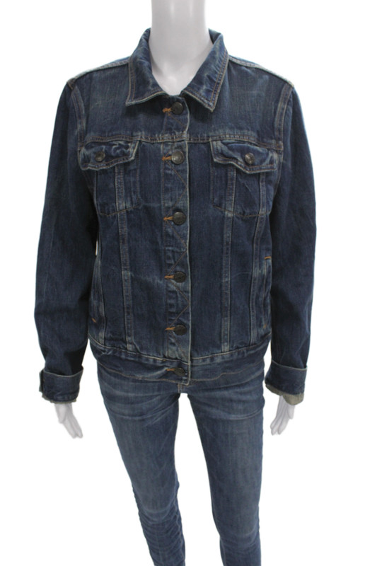 J Crew Womens Basic Jacket Blue Cotton Button Collared Long Sleeve Size L