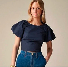 J.CREW Navy Solid Square Neck Puff Sleeve Smo...