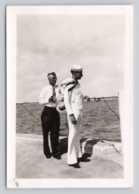 Windy Day at Gulf Navy Officer Uniform Pier Ocean c1950s Vintage Photo