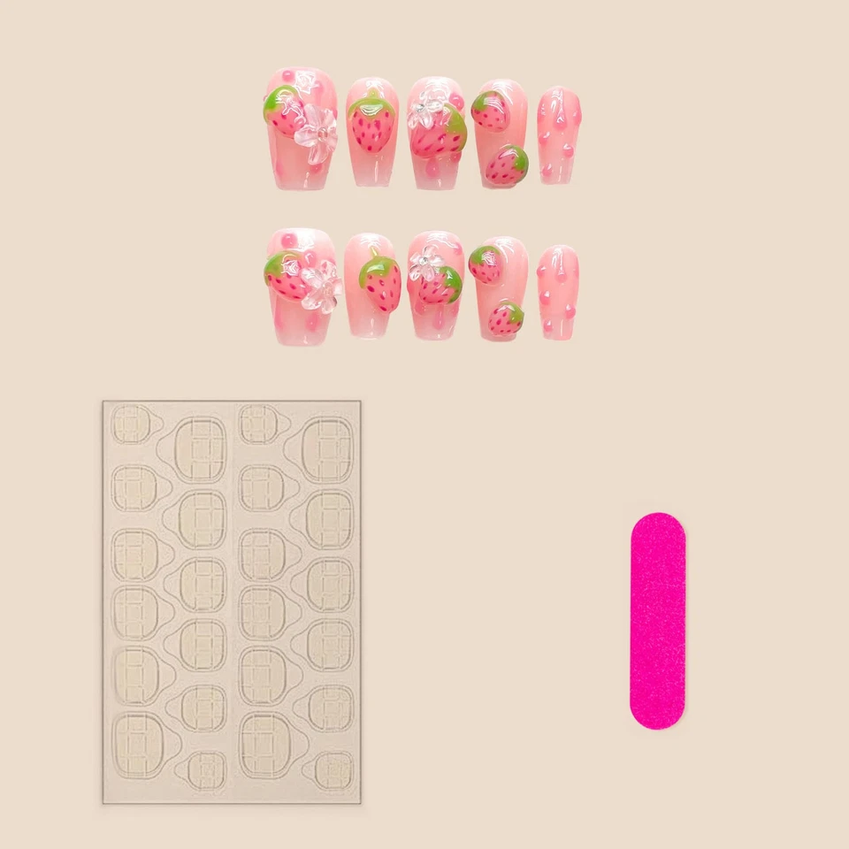 Pink Coffin Fake Nail with 3D Strawberry False Nail Summer Press On Nail Cute - Image 3 of 4