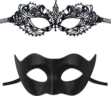 2 Pcs Couple Masquerade Mask Set Women Men Venetian Costume Mardi Gras Black