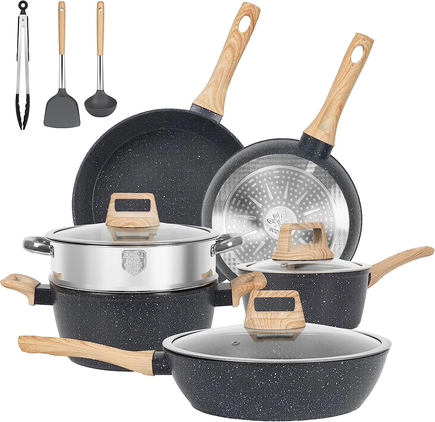 12-Piece Nonstick Granite Cookware Set: Induction Compatible, Includes Pots,Pans