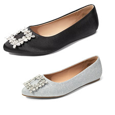 Women Rhinestone Buckle Flat Shoes Almond Toe Satin Glitter Flats