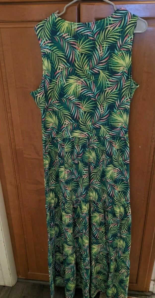 green foliage sketch sleeveless maxi dress Lands End Womens Tiered Baltic Teal Multi Palm L T loop-ae-026