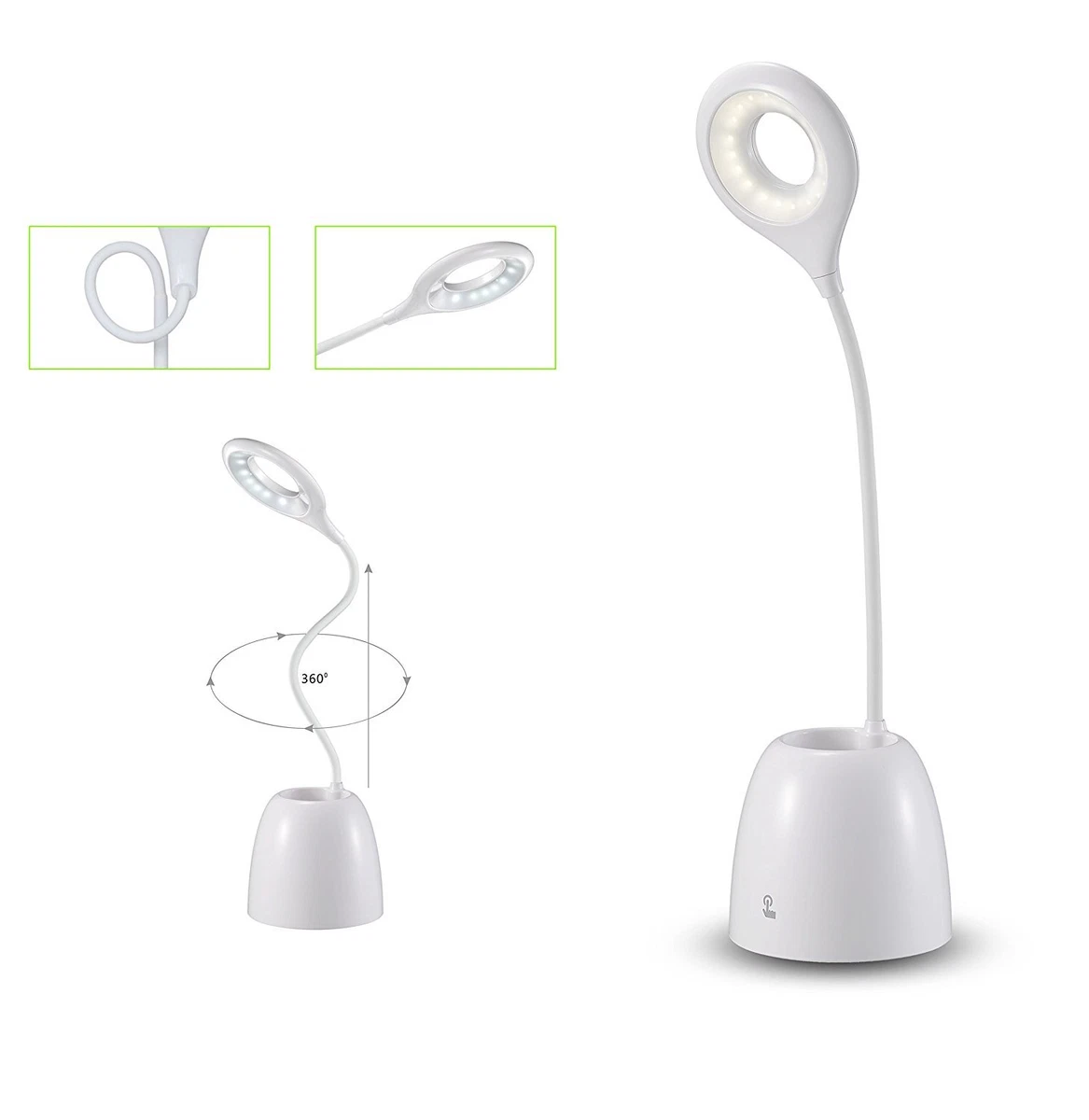 LED Desk Lamp with Pen Holder Adjustable Flexible Gooseneck Touch Control WHITE