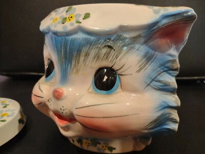 VINTAGE 1950's Miss Priss Blue Kitty Cat Ceramic Cookie Jar Lefton