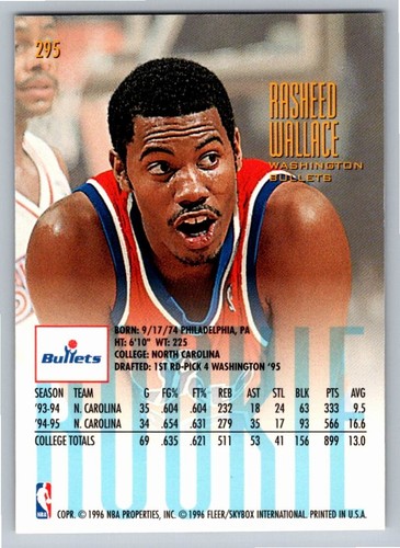 1995 Ultra #295 Rasheed Wallace - Washington Bullets (RC) Basketball Card - Picture 2 of 2