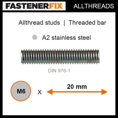 FASTENERFIX M6 x 20 mm allthread A2 stainless studs, threaded bar to DIN 976-1 (150 pack)