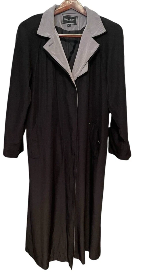 Mujer’s Gallery Maxi Trench Coat Negro Gris Bolsillos con Botones Almohadillas para el Hombro Talla 10