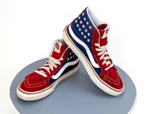 red white and blue high top vans