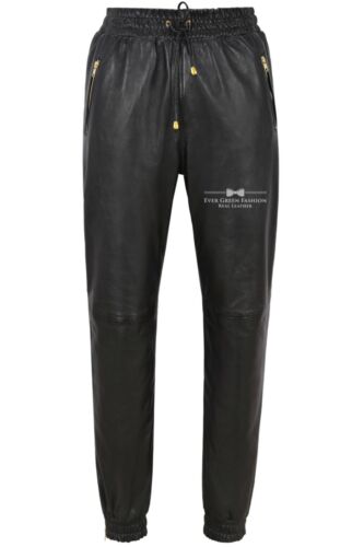 Pantalon homme en cuir véritable noir Napa zippé bas de jogging pantalon sur piste de sueur 3040 - Photo 1/6